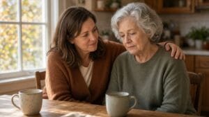 Adult daughter comforting her older mother at a sunlit kitchen table in a Missouri family home